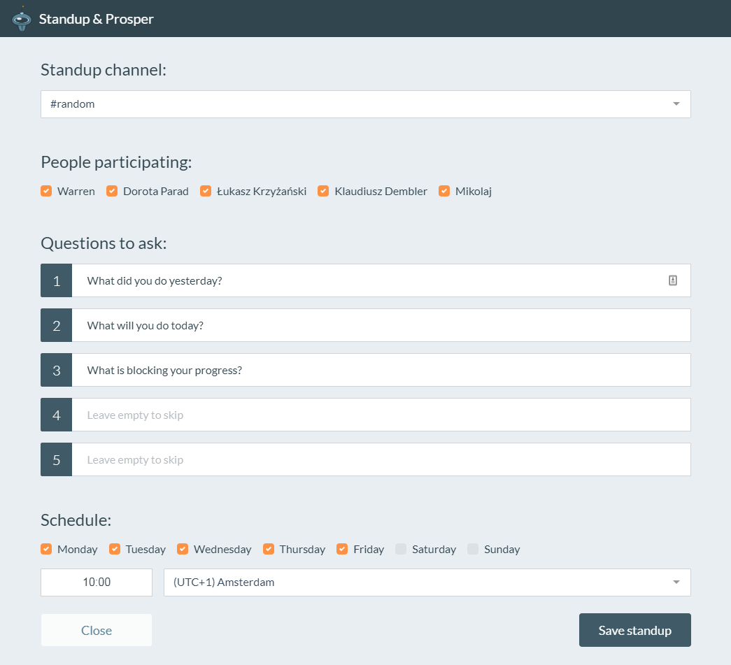 Standup configuration